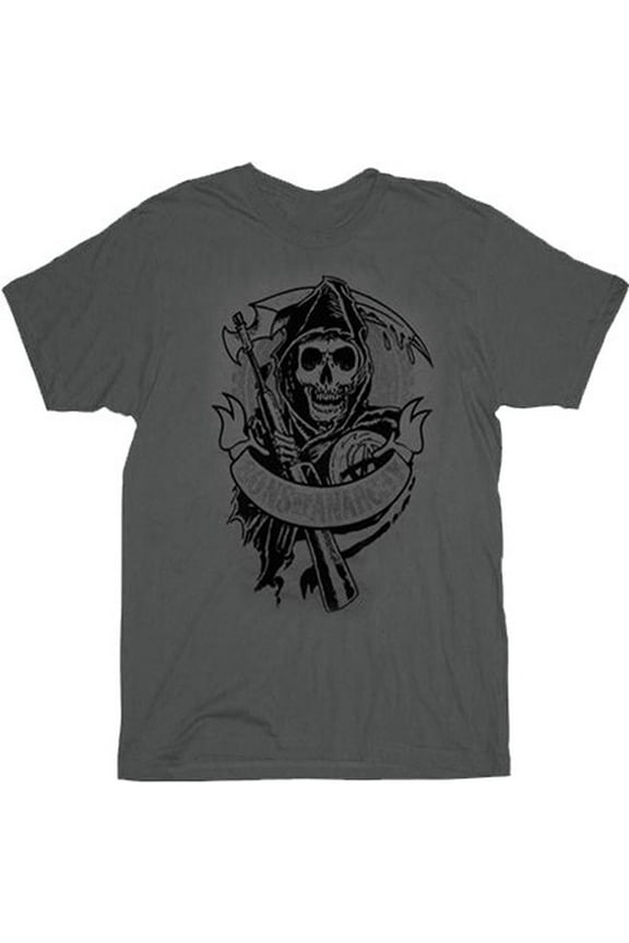 Sons of Anarchy Flocked Gear Black Logo Adult Charcoal T-Shirt