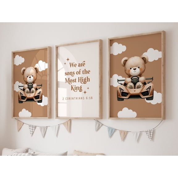 Sons of the Most High King Twin Boy Nursery decor Christian Toddler Wall Art Bible verse Teddy Set 3 Unframed Paper Print 8x12