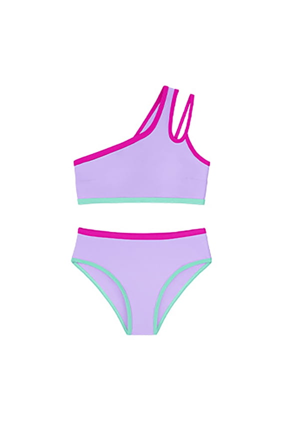 Bathing Set for Big Girls One-Shoulder Bikini Set for Teens Sports Beach Pool Board Two Piece Swimwear Set Purple,Size 13-14 Y