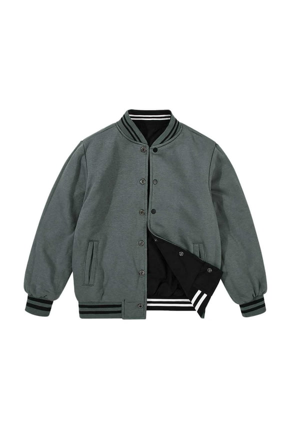 Big Boy Girl Bomber Jacket Fashion Button Up Reversible Autumn Winter Windbreaker Unisex Jacket Green,Sized 11-12