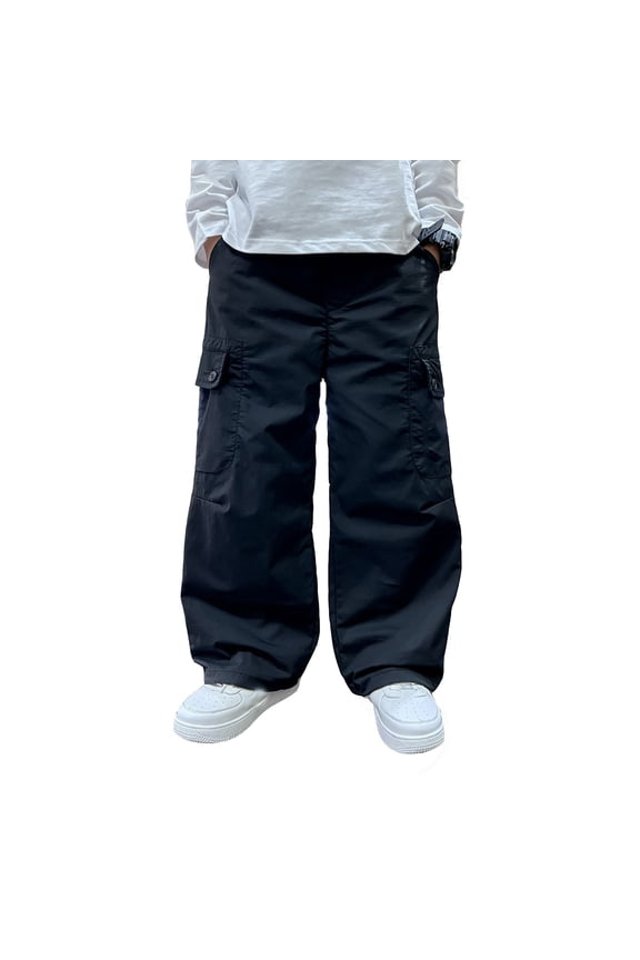 Big Boy Pants Wide Leg Oversized Cargo Pants with Pockets Child Sports Activewear Outdoor Sweatpants Black,Sized 14-15