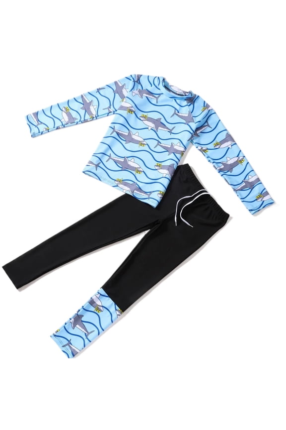 Big Boy Swimwear UPF 50+ Sun Shark Print Long Sleeve Rash Guard Pants Kids Breathable Quick Dry Two Piece Swimsuit Blue,Size 9-10 Y
