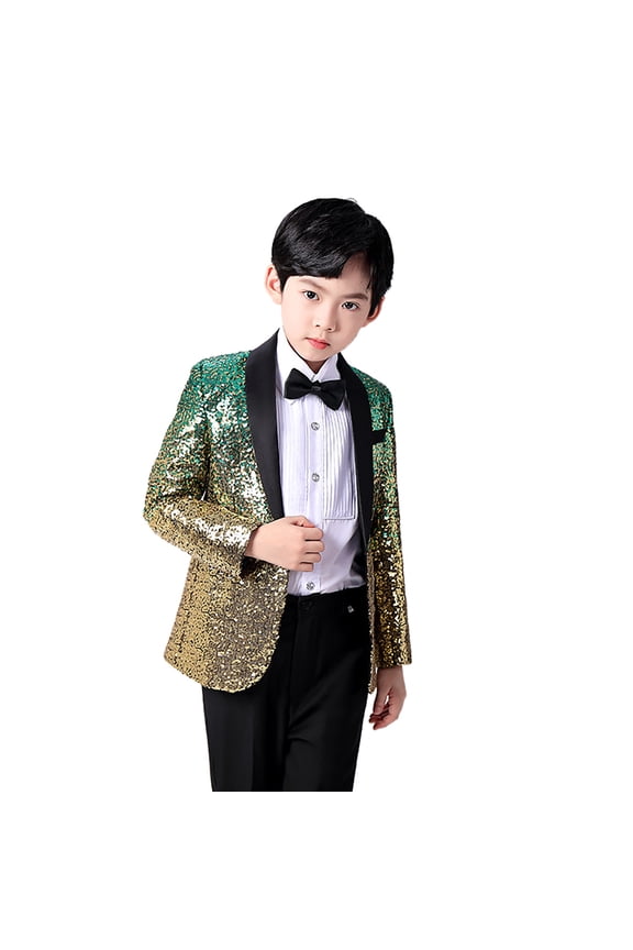 Big Boy' formal Jackets Gradient Sequin Elegant Weddings Party Suit with Black Bow Tie,2-Piece Green,Sized 9-12
