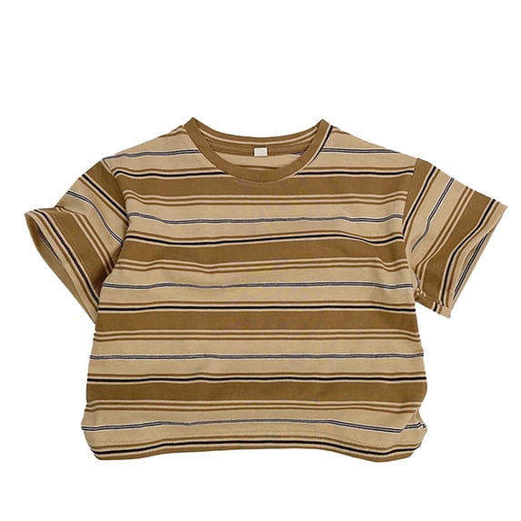 SonxaHe Big Boy's T Shirt Striped Pattern Short Sleeved Round Neck Tee Activewear Streetwear Tshirt Beige