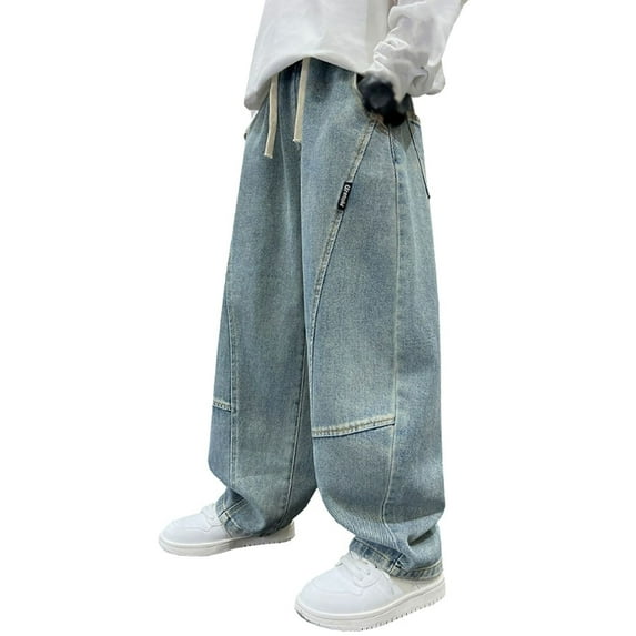 SonxaHe Big Boys Jeans Drawstring Stretch Waist Straight Cargo Denim Pants Kids Casual Outdoor Jeans Blue,Sized 9-10