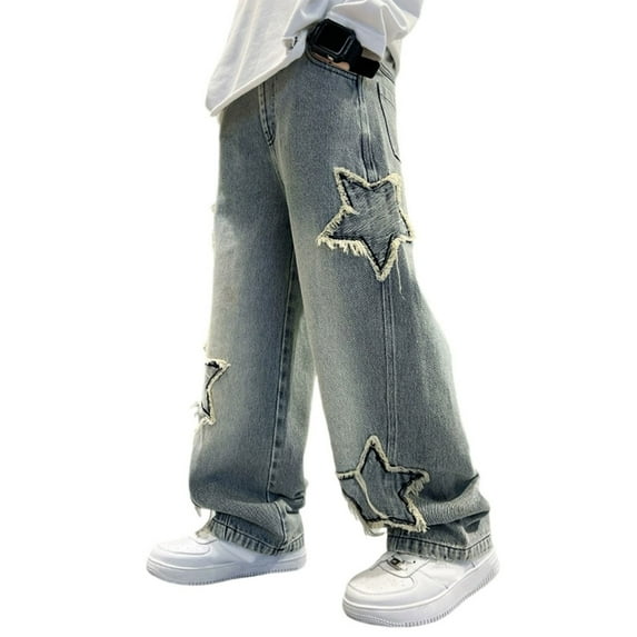 SonxaHe Big Boys' Jeans Elastic Waist Ripped Straight Leg Jeans Children Loose Casual Denim Pants Blue,Sized 12-13