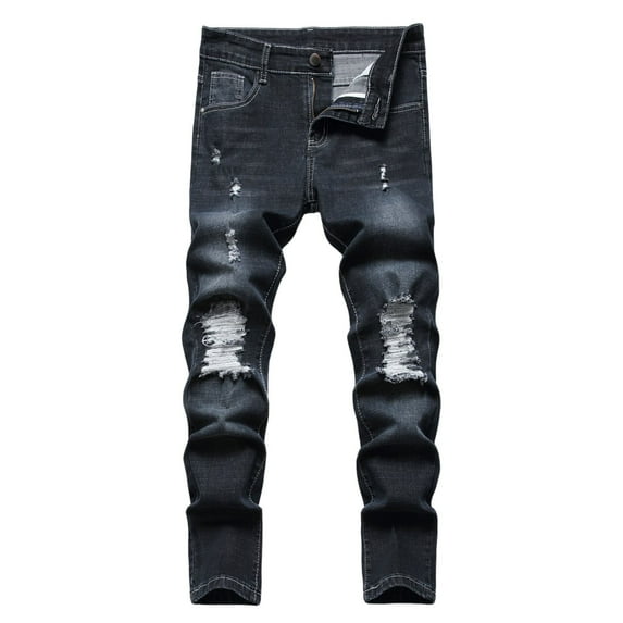 SonxaHe Big Boys' Jeans Skinny Fit Ripped Tapered Leg Jeans Childs Summer Snow Washed Denim Pants Black,Sized 8-10