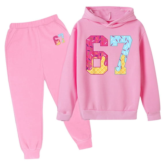 SonxaHe Big Girl Activewear Outfits 67 Printed Long Sleeve Hoodie Pants with Pockets Kids Sports Comfy Outfit Set Pink,Size 11-12 Y