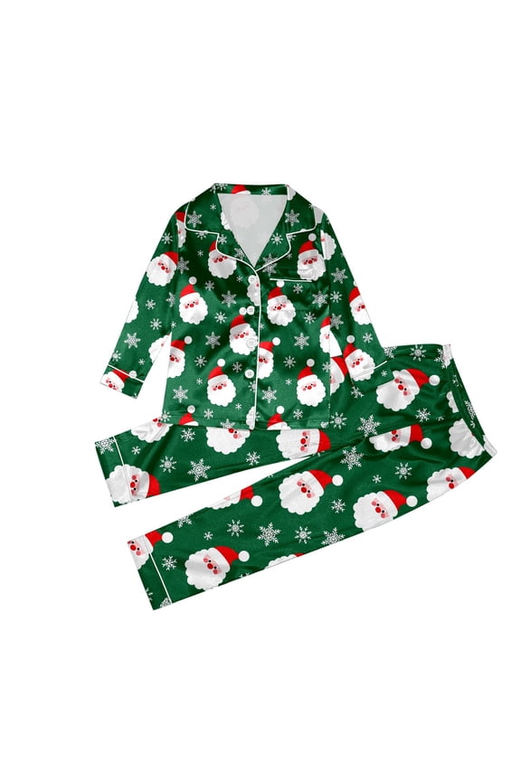 Big Girl Christmas Outfits Cartoon Santa Satin Lapel Shirt Pants Kids Comfy Fall Nightwear Sleepwear Holiday Outfits Green,Sized 11-12