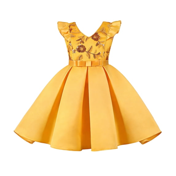 SonxaHe Big Girl Dress Flutter Sleeves Sparkling V Neck Princess Dresses Wedding Birthday Party Gown for Teen Yellow,Size 2-10 Y