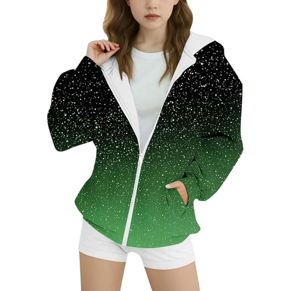 SonxaHe Big Girl' Hooded Jacket Fleece Gradient Zip Up Long Sleeve Outerwear Fall Winter Sweatshirt Green,Sized 10-11