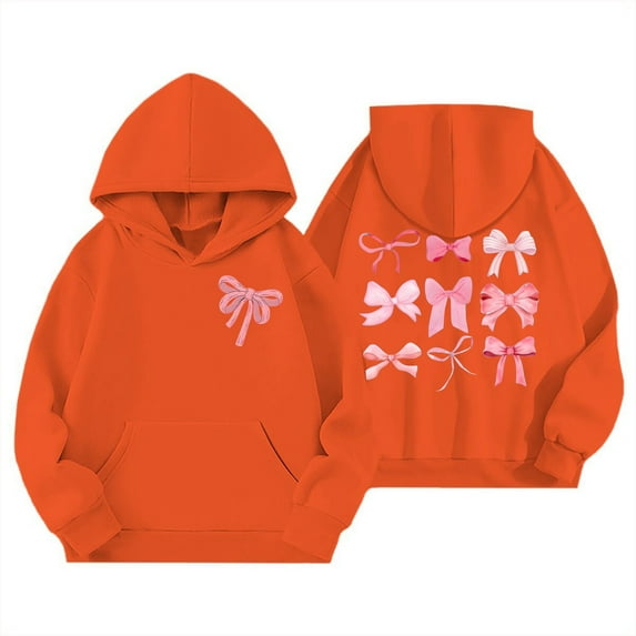 SonxaHe Big Girl Hooded Sweatshirt Cartoon Bow Print Long Sleeve Soft Loose Fleece Fall Winter Outdoor Hoodies Orange,Sized 11-12