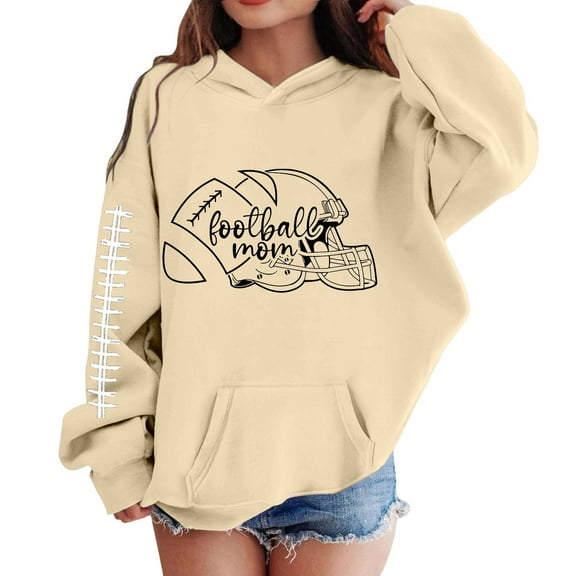 SonxaHe Big Girl Hooded Sweatshirts Baseball Print Long Sleeve Loose Fall and Winter Casual Hoodies Beige,Sized 13-14