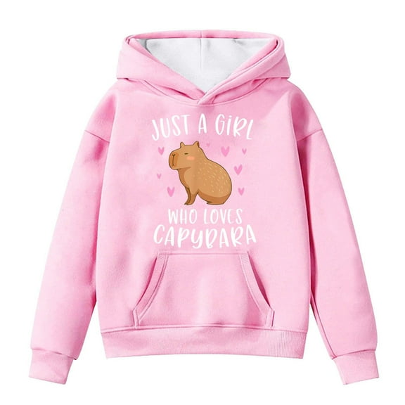SonxaHe Big Girl Hooded Sweatshirts Capybara Print Long Sleeve Pullover Tops withpocket Loose Cozy Fall Winter Hoodies Pink,Sized 12-13