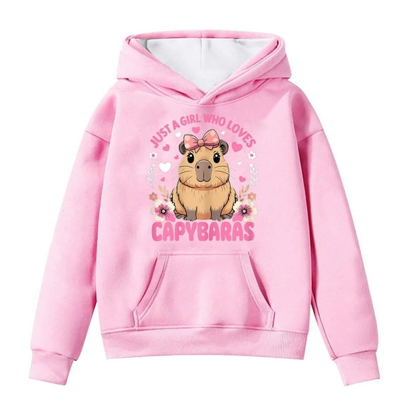 SonxaHe Big Girl' Hoodies Capybara Print Comfy Long Sleeve Hooded Sweater Child Basic Loose Autumn Winter Hoodies Pink,Sized 10-11