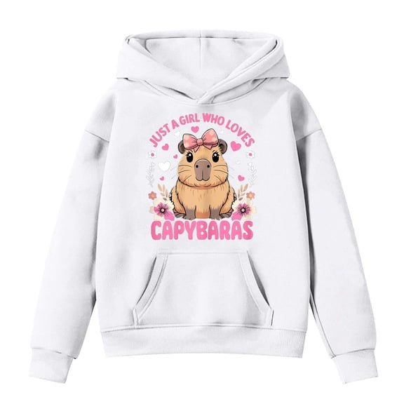 SonxaHe Big Girl' Hoodies Capybara Print Comfy Long Sleeve Hooded Sweater Child Basic Loose Autumn Winter Hoodies White,Sized 12-13