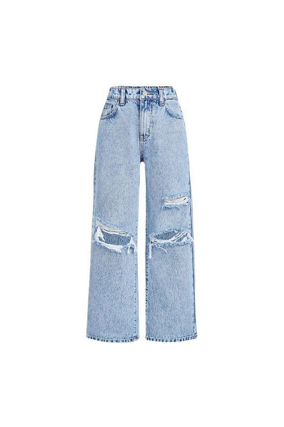 Big Girl Jeans High Elastic Waist Ripped Straight Leg Denim Pants Kids Active Streetwear Trousers Blue,Sized 8-9