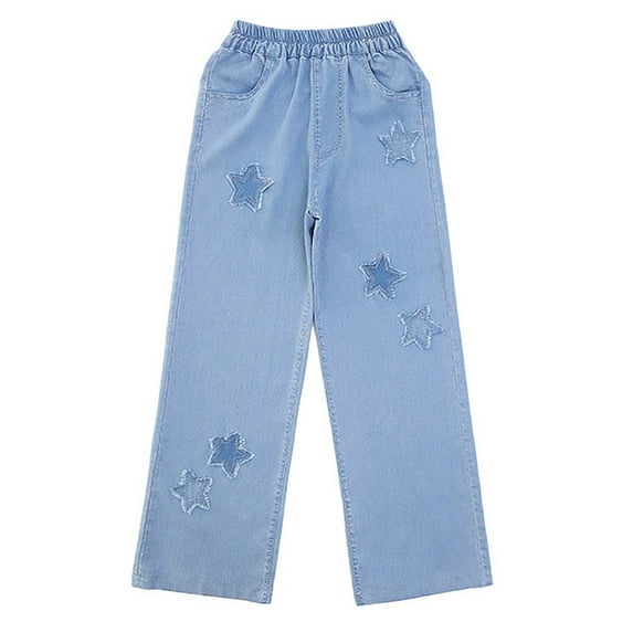 SonxaHe Big Girl Jeans Star Patch Straight Leg Elastic Waist Denim Pants Child Casual Spring Summer Jeans Blue,Sized 11-12