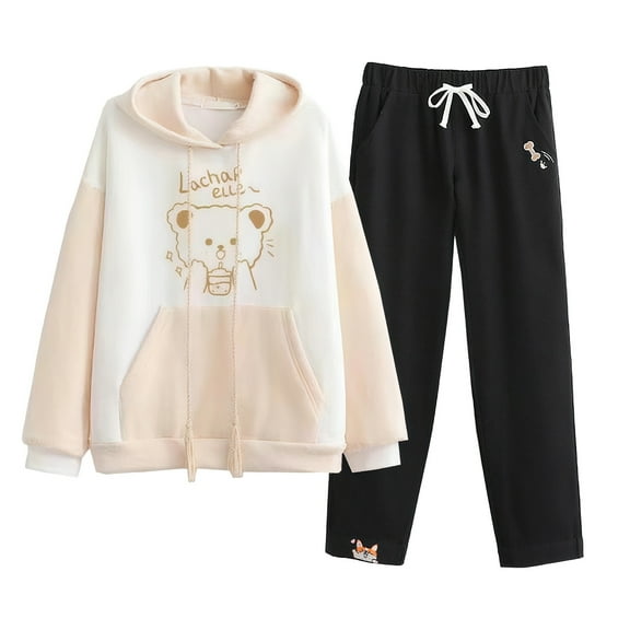 SonxaHe Big Girl Outfit Set Long Sleeve Letter Prints Hoodie Pants Relaxed Sports Outerwear Outfit Set Beige,Sized 8