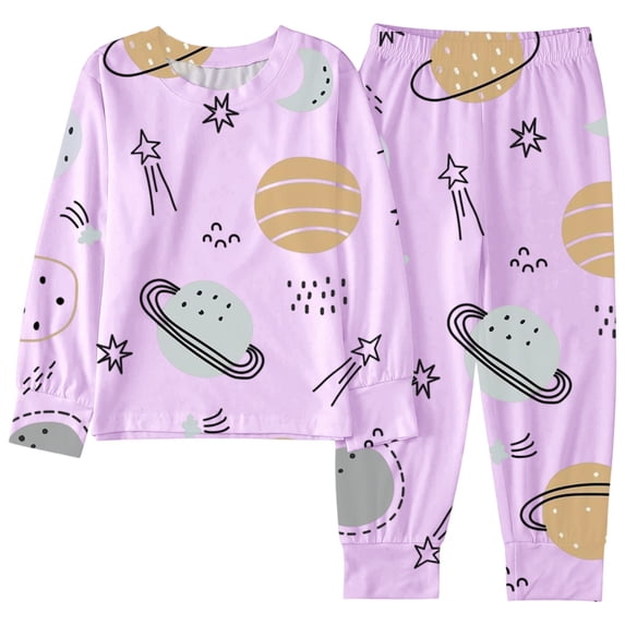 SonxaHe Big Girl' Outfit Set Planet Print Long Sleeve Top Trousers Children Cartoon Cozy Soft Nightwear Home Wear Outfits Purple,Sized 9-10