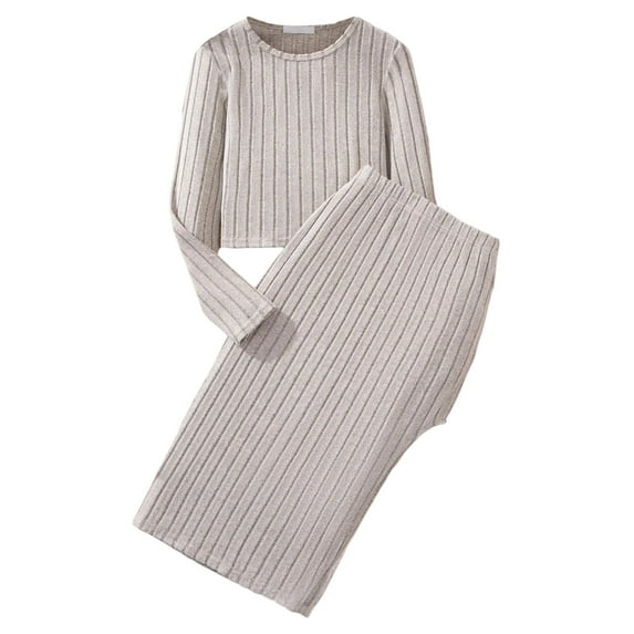 SonxaHe Big Girl Outfit Set Ribbed Knit Long Sleeve Top with Side Slit Skirt Stylish Stretchy Spring Outfits for Kids Beige,Size 12-13 Y