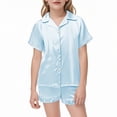 thumbnail image 1 of SonxaHe Big Girl Outfit Set Short Sleeve Button Satin Shirt Shorts Kids Lightweight Silk Sleepwear Soft Outfits Blue,Size 13-14 Y, 1 of 4