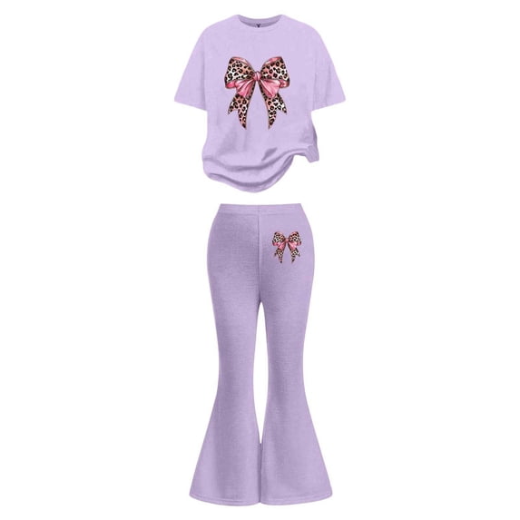 SonxaHe Big Girl Outfits Bow Print Short Sleeve Tops Flared Pants Fashion Relaxed Lightweight Outfit Set Purple,Size 7-13 Y
