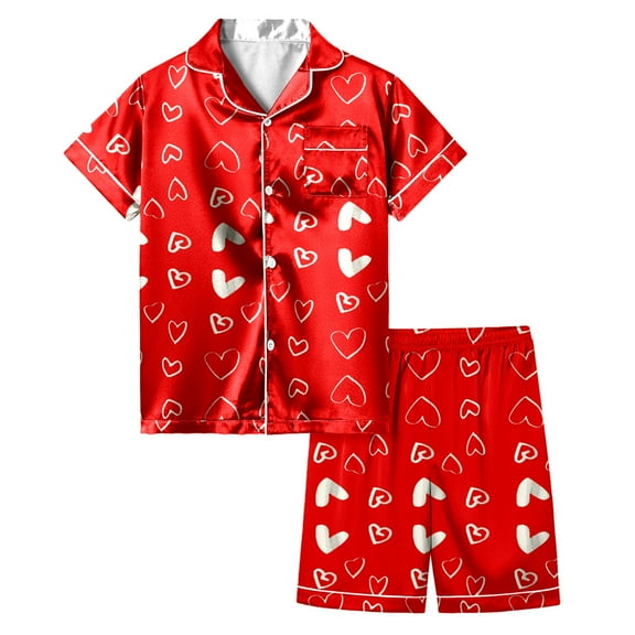 SonxaHe Big Girl' Outfits Heart Print Satin Short Sleeve Button Red Top Shorts Children Loose Home Wear Silk Outfit Set Red,Sized 12-13