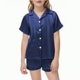 thumbnail image 1 of SonxaHe Big Girl' Pajama Set Short Sleeve Button Down Top Shorts Soft Satin Silk Nightwear Outfit Set Blue,Sized 9-10, 1 of 4