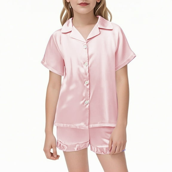 SonxaHe Big Girl' Pajama Set Short Sleeve Button Down Top Shorts Soft Satin Silk Nightwear Outfit Set Pink,Sized 13-14