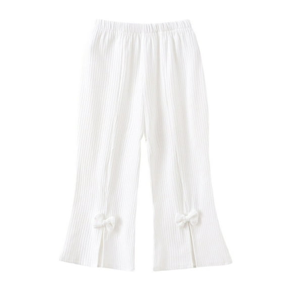 SonxaHe Big Girl' Pants with Bow Flare Leg Soft Knitted Stripe Pants Children Comfy Stretchy Autumn Trousers White,Sized 7-8