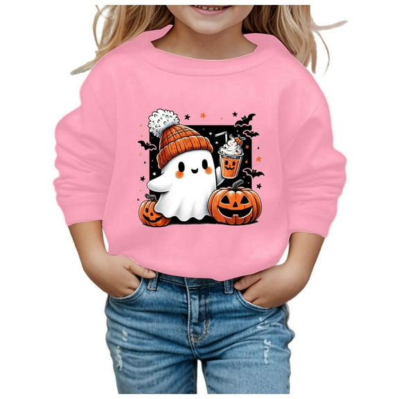 SonxaHe Big Girl Sweatshirt Halloween Cartoon Printed Long Sleeve Hoodless Loose Cozy Stylish Tops Pink,Sized 7-8
