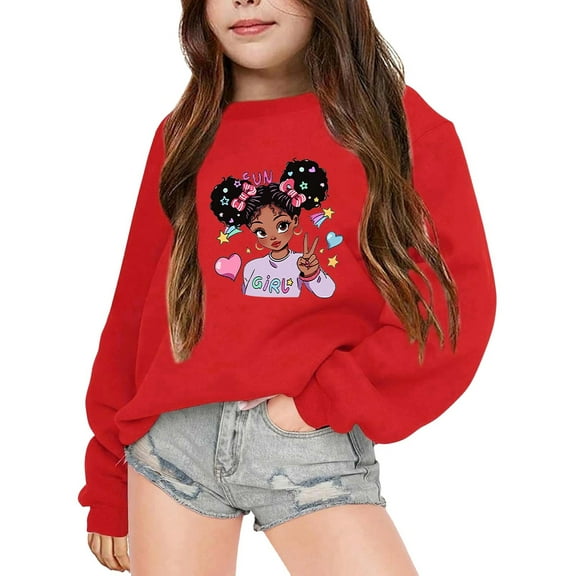 SonxaHe Big Girl Sweatshirts Cartoon Prints Long Sleeve Oversized Outerwear Autumn Winter Sweatshirt Red,Sized 7-8