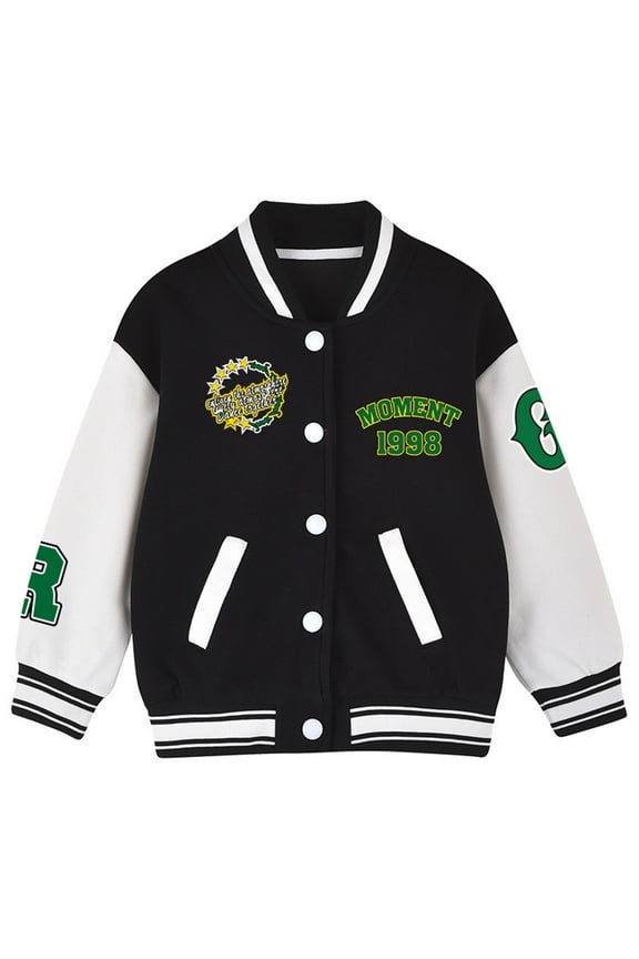 Big Girl's Bomber Jacket Color Block Button Jacket with Pockets Kids Loose Athletic Autumn Outerwear Jackets Black,Sized 11-14