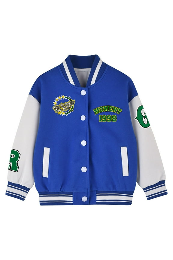 Big Girl's Bomber Jacket Color Block Button Jacket with Pockets Kids Loose Athletic Autumn Outerwear Jackets Blue,Sized 15-18