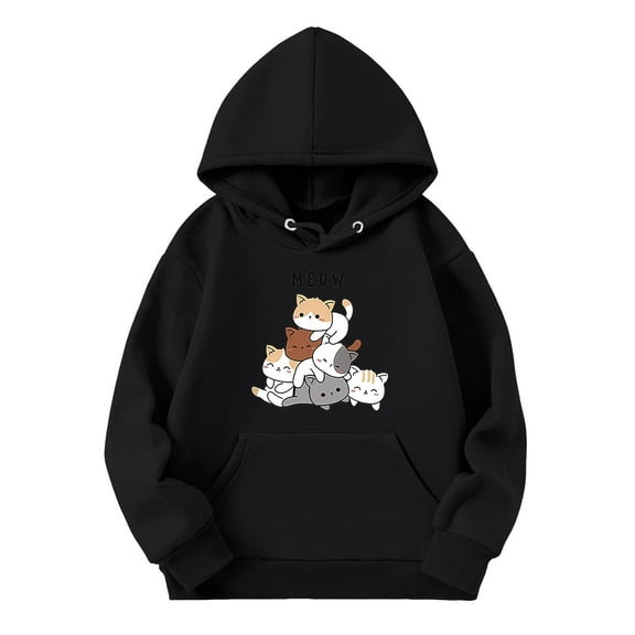 SonxaHe Big Girl's Hoodie Long Sleeve Cartoon Cat Print Soft Oversized Fall Winter Hooded Sweatshirt Black,Sized 9-10