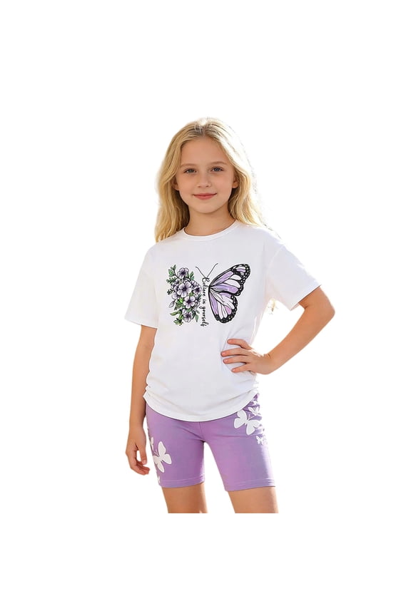 Big Girl's Outfit Set Butterfly Graphic Short Sleeve Tshirt Shorts Child Cozy Sports Durable Summer Outfits White,Size 10-11 Y