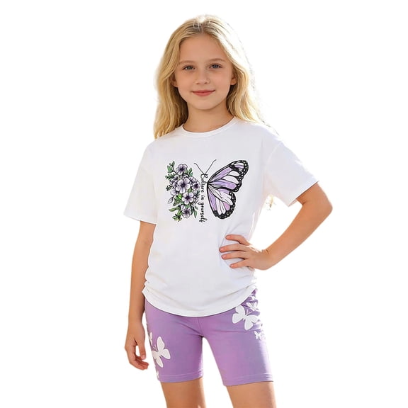SonxaHe Big Girl's Outfit Set Butterfly Graphic Short Sleeve Tshirt Shorts Child Cozy Sports Durable Summer Outfits White,Size 7-8 Y