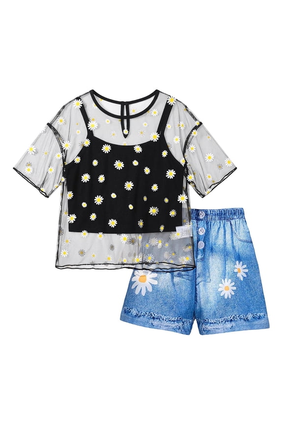 Big Girl's Outfit Set Daisy Print Short Sleeve Mesh Top Tank Denim Shorts Kids Stylish Summer Outfits,3-Piece Black,Size 11-12 Y