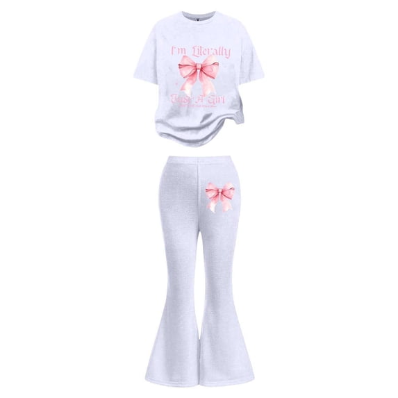 SonxaHe Big Girl's Outfits Bow Short Sleeve Tee Flared Pants Kids Spring School Sports Casual Fashion Outfit Set White,Size 7-8 Y