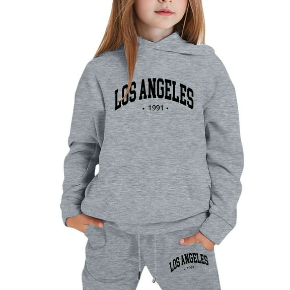 SonxaHe Big Girl's Outfits Long Sleeve Hooded Letter Print Sweatshirt Pants Stylish Comfy Loose Outfit Set Gray,Sized 7-8