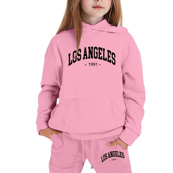 SonxaHe Big Girl's Outfits Long Sleeve Hooded Letter Print Sweatshirt Pants Stylish Comfy Loose Outfit Set Pink,Sized 11-12