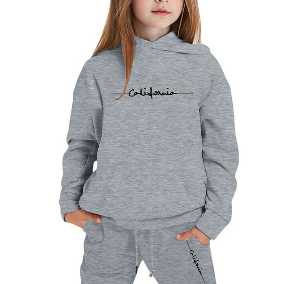 SonxaHe Big Girl's Outfits Long Sleeve Letter Print Hooded Sweatshirt Trousers Sports Loose Outfits Gray,Sized 9-10