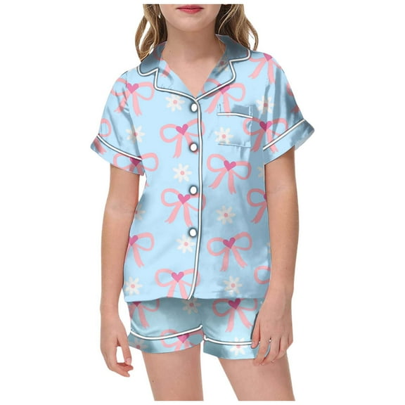 SonxaHe Big Girl's Outfits Satin Bow Prints Short Sleeved Shirt Shorts Kids Silk Loose Loungewear Home Wear Outfits Blue,Sized 8-9