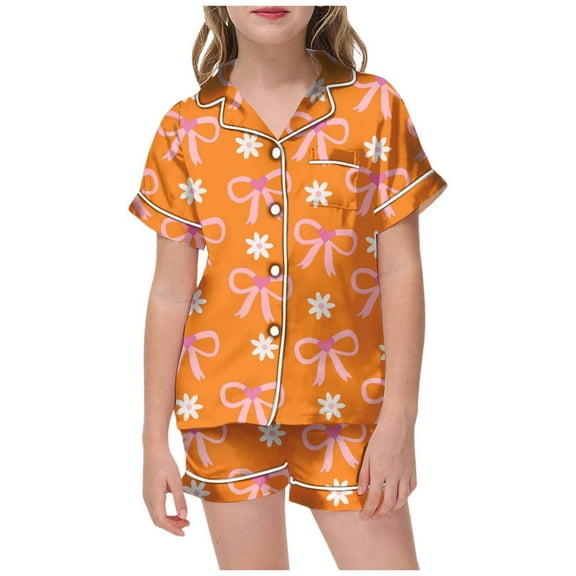 SonxaHe Big Girl's Outfits Satin Bow Prints Short Sleeved Shirt Shorts Kids Silk Loose Loungewear Home Wear Outfits Orange,Sized 10-11