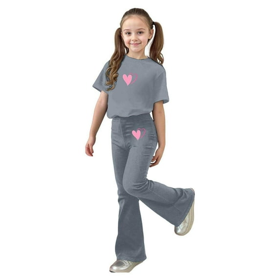 SonxaHe Big Girl's Outfits Valentine's Day Graphic Short Sleeve Top Flared Pants Child Stylish Cozy Soft Outfit Set Gray,Size 12-13