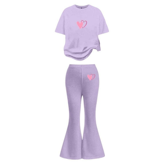 SonxaHe Big Girl's Outfits Valentine's Day Graphic Short Sleeve Top Flared Pants Child Stylish Cozy Soft Outfit Set Purple,Size 11-12
