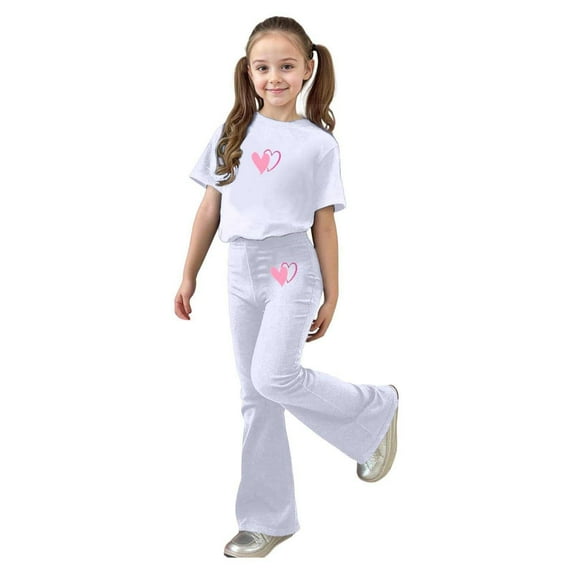 SonxaHe Big Girl's Outfits Valentine's Day Graphic Short Sleeve Top Flared Pants Child Stylish Cozy Soft Outfit Set White,Size 7-8