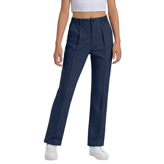 SonxaHe Big Girl's Pants School Formal Flat Front Classic Tailored Trousers Child Comfy Stretch Pants Blue,Sized 15-16
