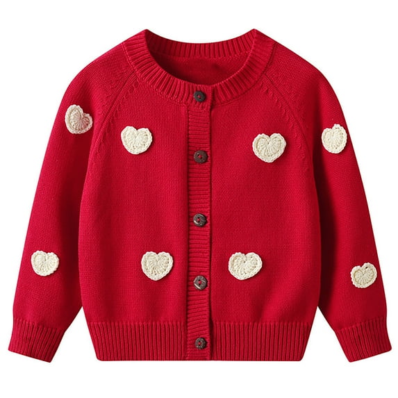 SonxaHe Big Girl's Sweater Handmade Heart Embroidery Knit Cardigan Kids Soft Comfy Fall Winter Outerwear Sweaters Red,Sized 7-8